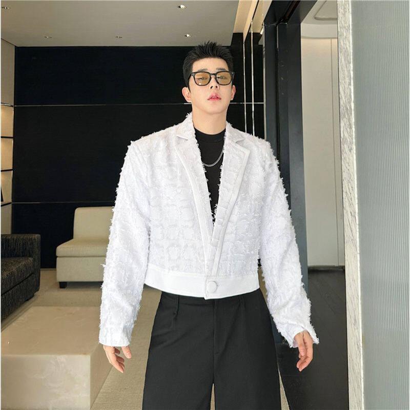 Lapel Collar Distressed Trim Single Button Cropped Blazer Product Image