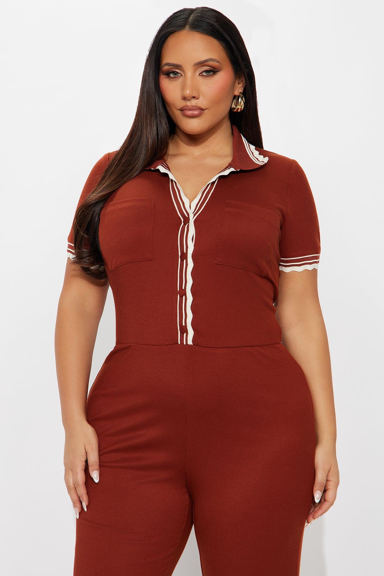 Juliette Ribbed Flare Leg Jumpsuit - Rust Product Image