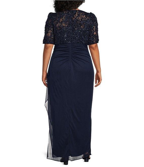 Alex Evenings Plus Size Lace Soutache Bodice V-Neck Short Sleeve Cascade Ruffle Empire Waist Dress Product Image
