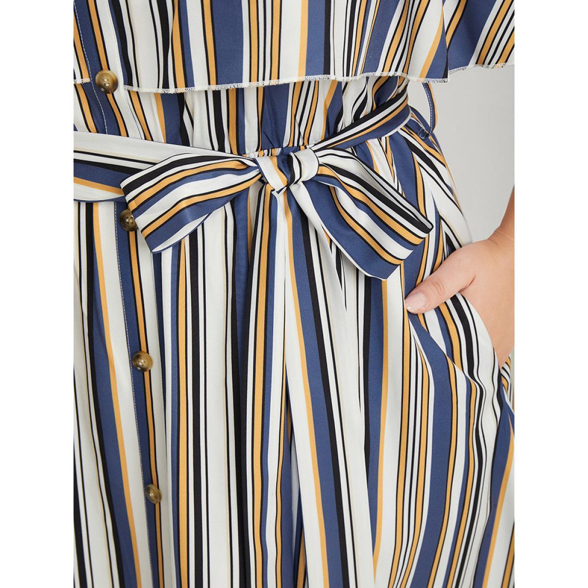 Plus Size Striped Cold Shoulder Belt Pocket Button Detail Dress Blue Women Vacation Adjustable Straps Spaghetti Strap Short sleeve Curvy Knee Dress BloomChic 26/4X Product Image