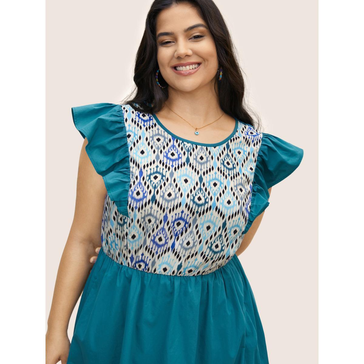 Plus Size Geometric Print Patchwork Cap Sleeve Dress Aegean Women Resort Round Neck Cap Sleeve Curvy BloomChic 28/5X Product Image