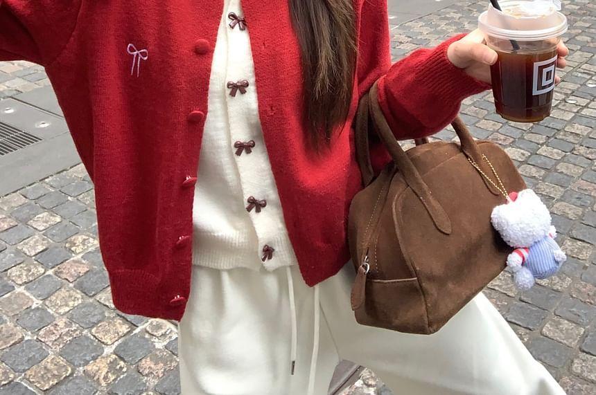 Bow-Accent Mock Two-Piece Crew-Neck Knit Top Product Image