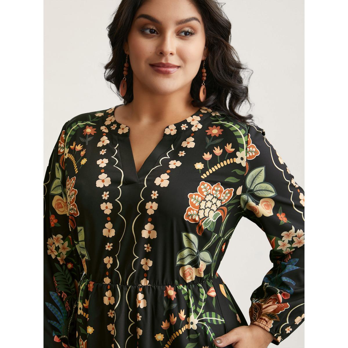 Plus Size Floral Print Notched Collar Elastic Waist Dress Black Women Resort Non Flat collar with V-notch Long Sleeve Curvy BloomChic 30/6X Product Image