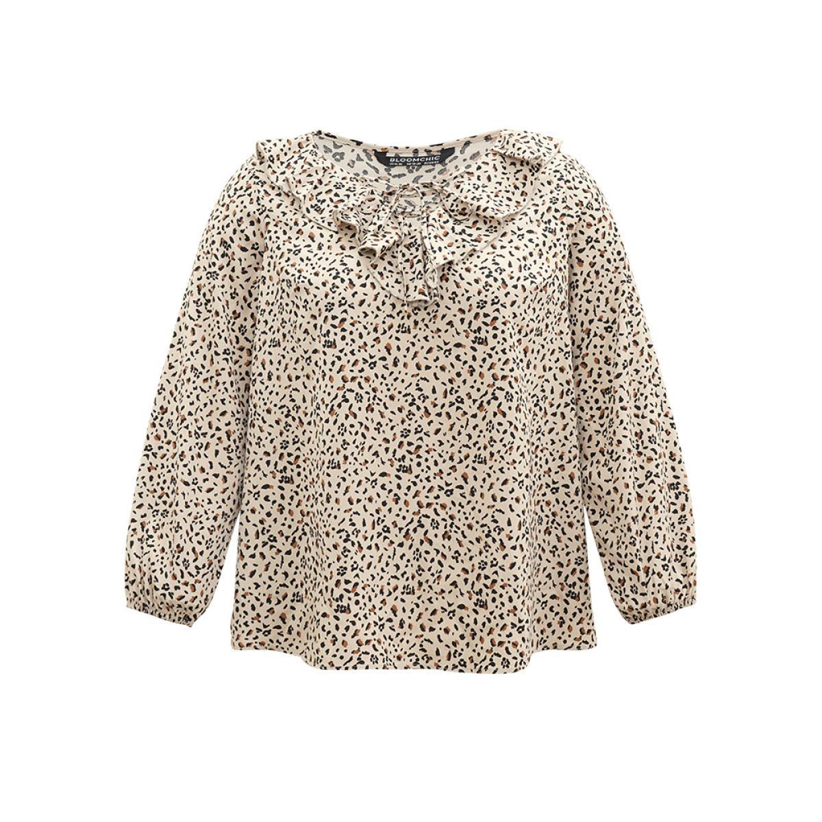 Plus Size Apricot Leopard Print Ties Flutter Trim Blouse Women Office Long Sleeve V-neck Work Blouses BloomChic 10/M Product Image