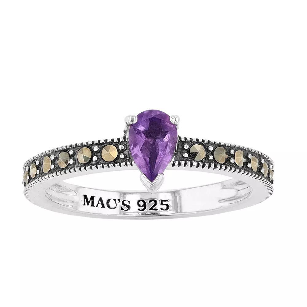 Lavish by TJM Sterling Silver Pear Cut Amethyst & Marcasite Ring, Women's, Size: 9 Product Image