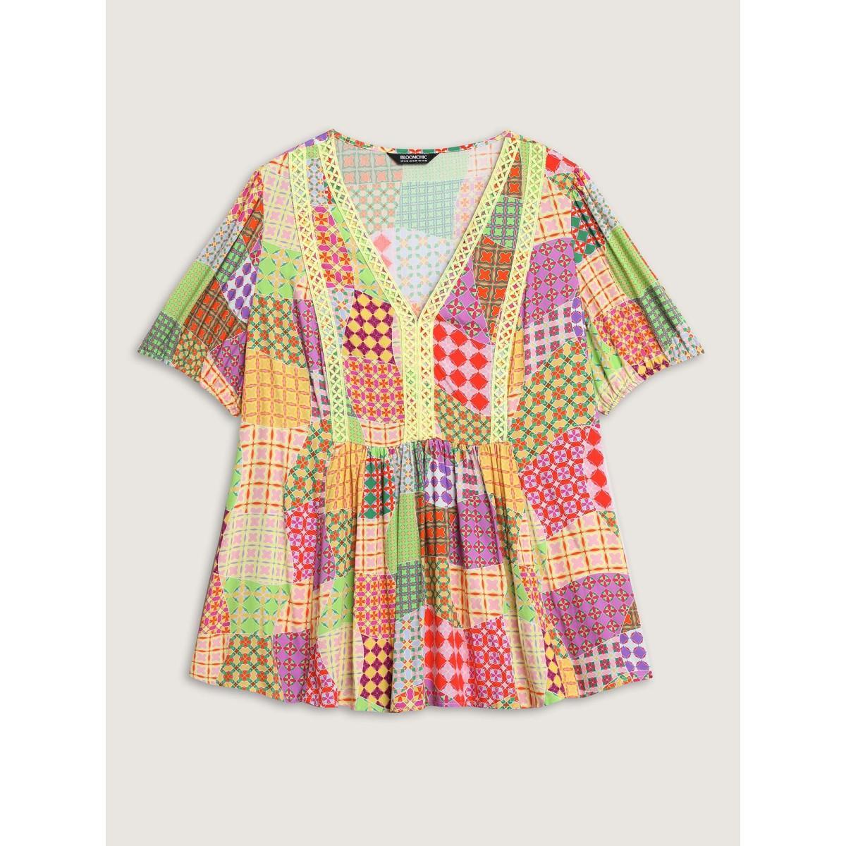 Plus Size Multicolor Vibrant Collage Print Babydoll Top Women Short sleeve Deep V-neck Vacation Blouses BloomChic 18-20/2X Product Image