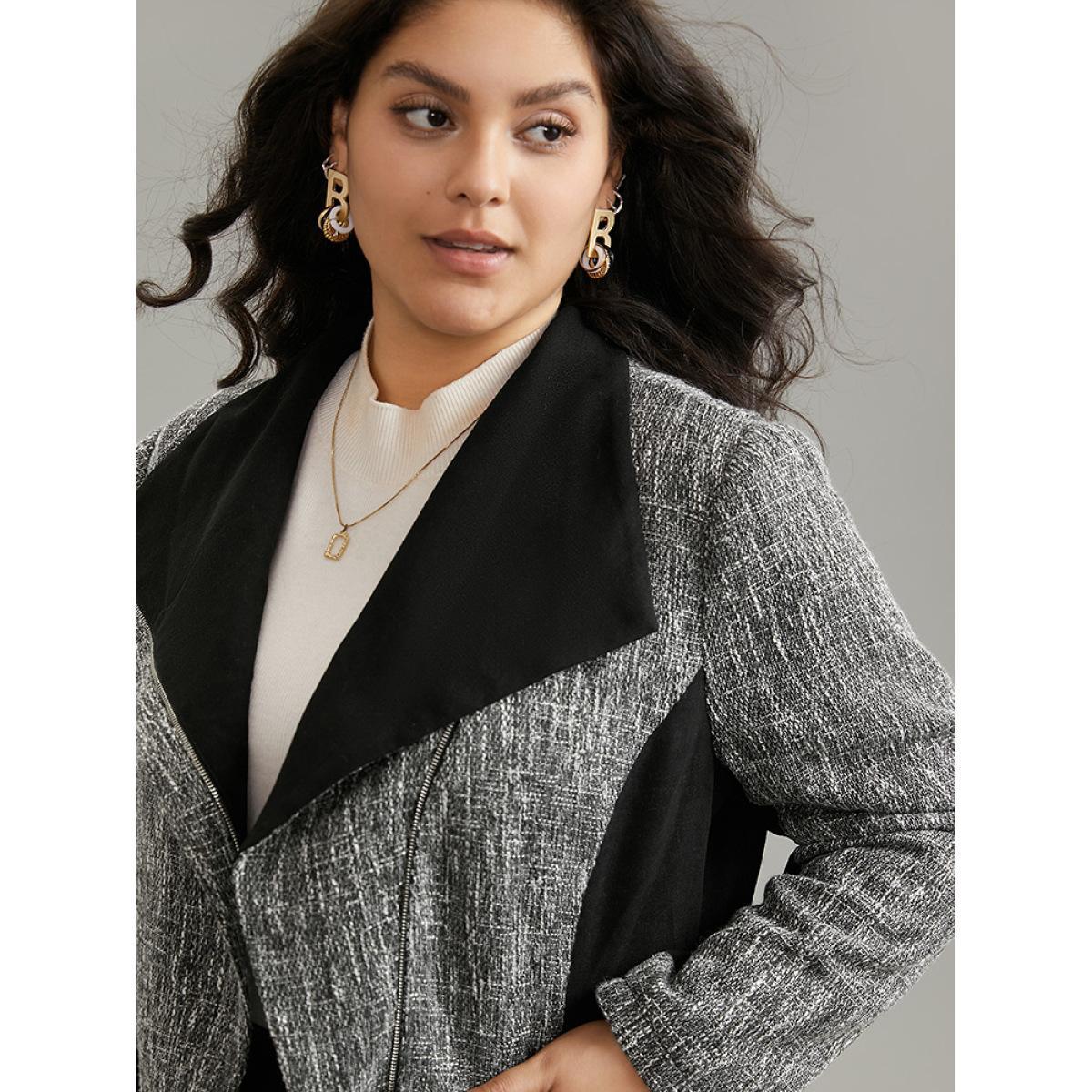 Plus Size Contrast Patchwork Zipper Lapel Collar Tweed Coat Women DimGray Casual Lined Ladies Dailywear Winter Coats BloomChic 18-20/2X Product Image