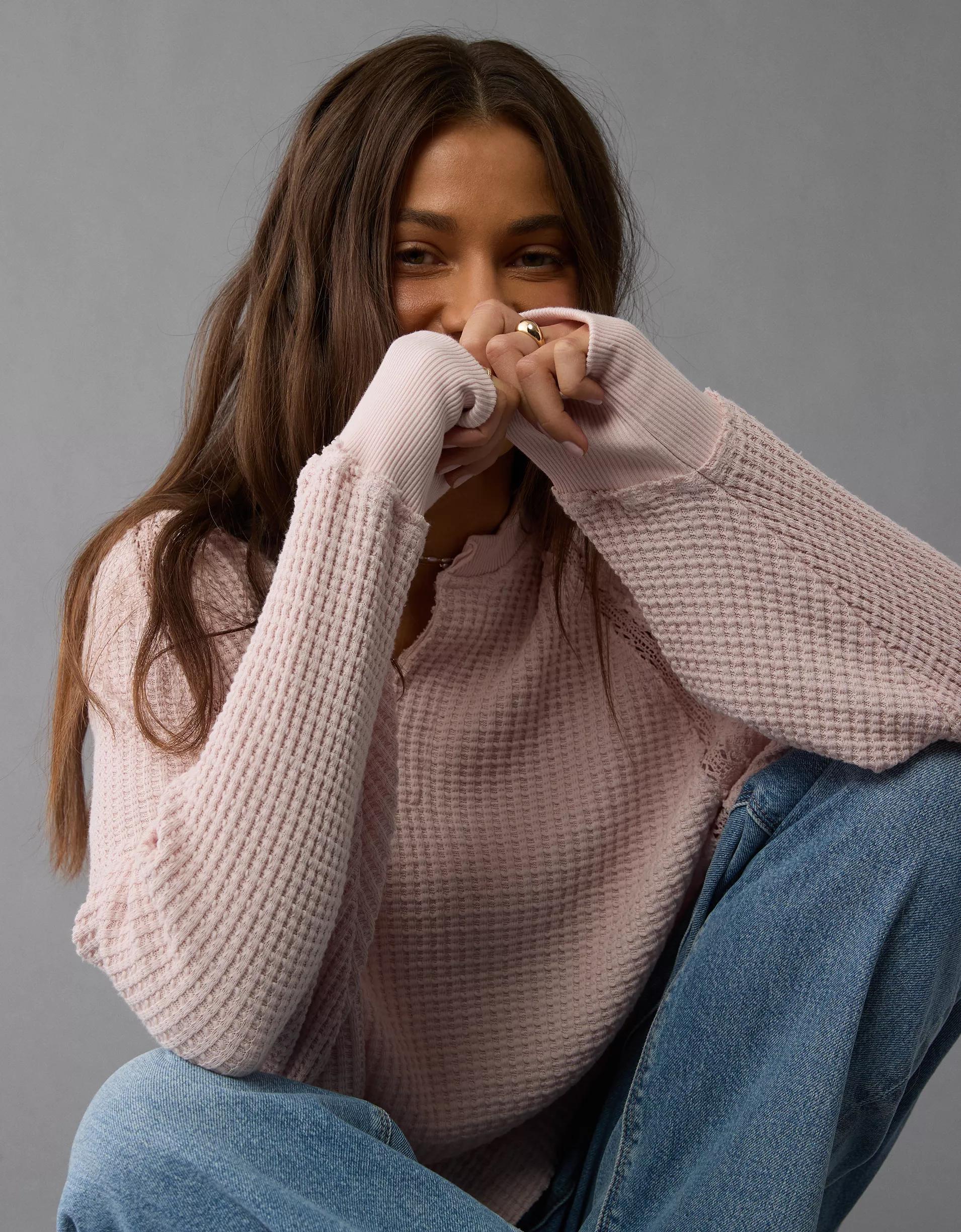 AE Big Hug Notch Neck Waffle Sweatshirt Product Image