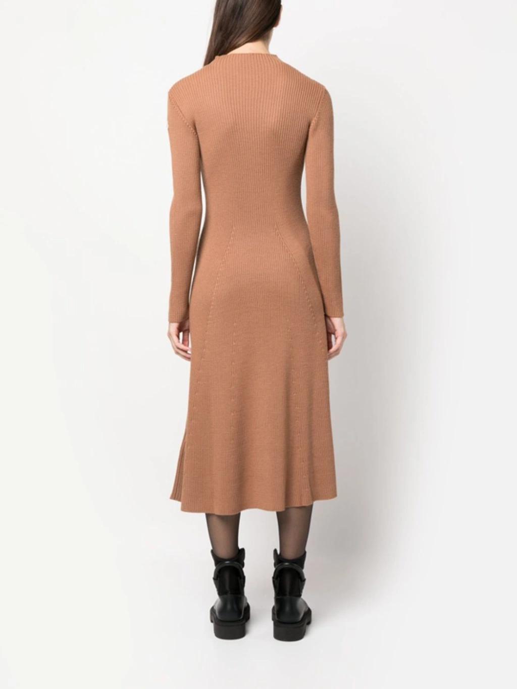 MONCLER Ribbed Knit Wool Midi Dress In Camel Product Image