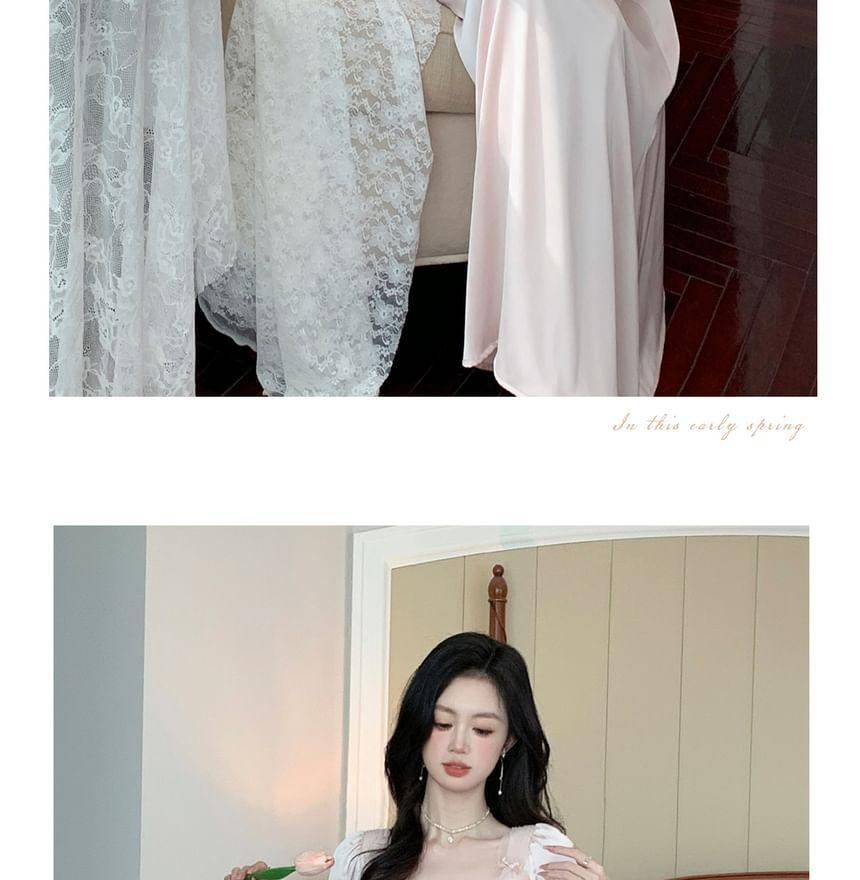 Puff-Sleeve Plain Lace Trim Pajama Dress Product Image