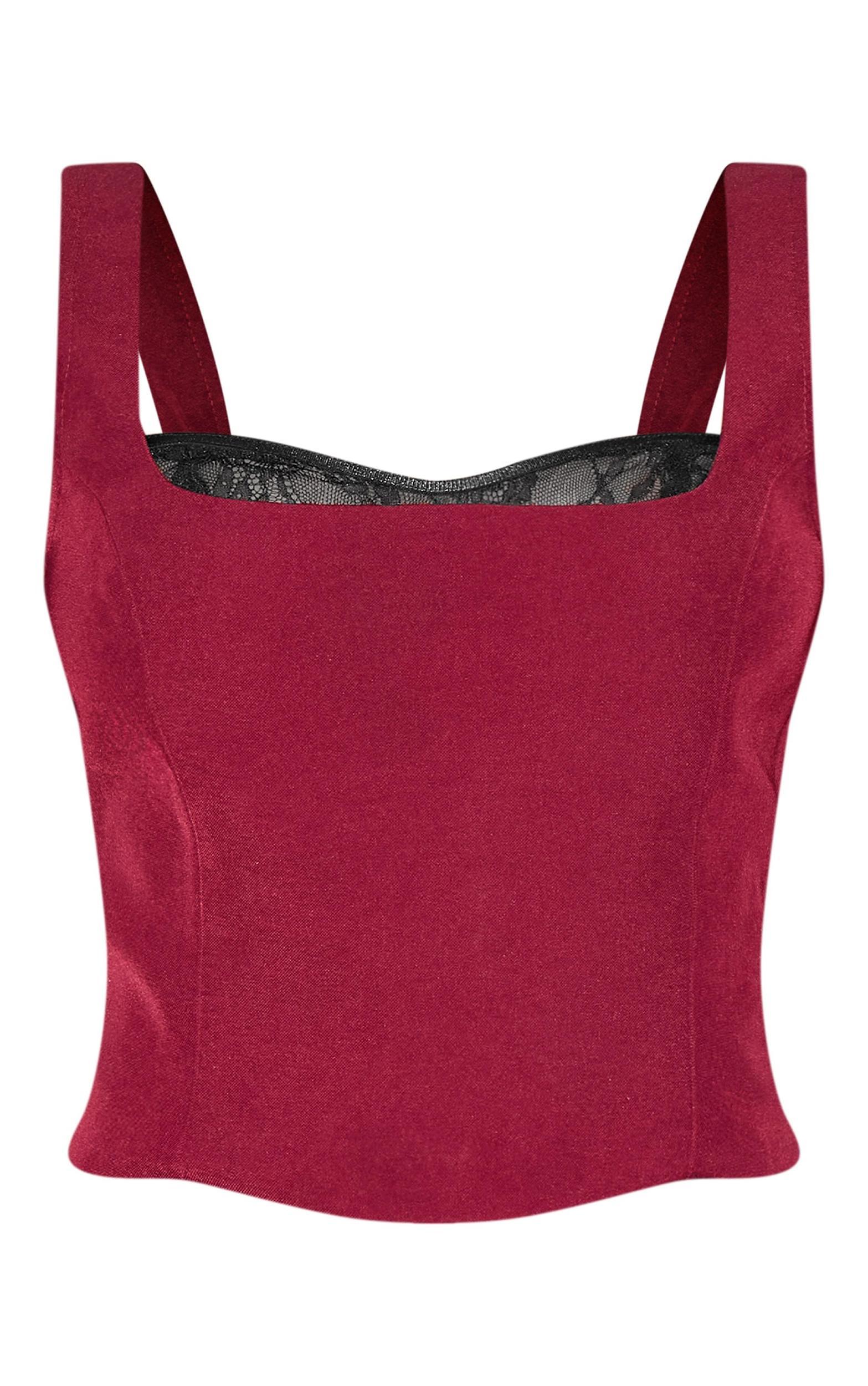 Burgundy Lace Detail Corset Woven Crop Top Product Image