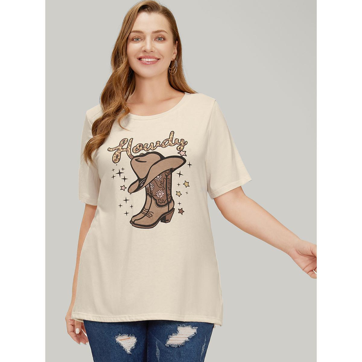 Plus Size Boots & Hat Print Drop Shoulder Graphic T-shirt Apricot Women Casual Western Dailywear T-shirts BloomChic 22-24/3X Product Image