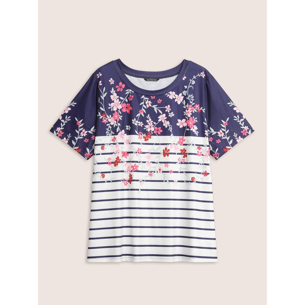 Plus Size Striped Contrast Boho Print Crew Neck T-shirt Indigo Women Casual Round Neck Everyday T-shirts BloomChic 30/6X Product Image