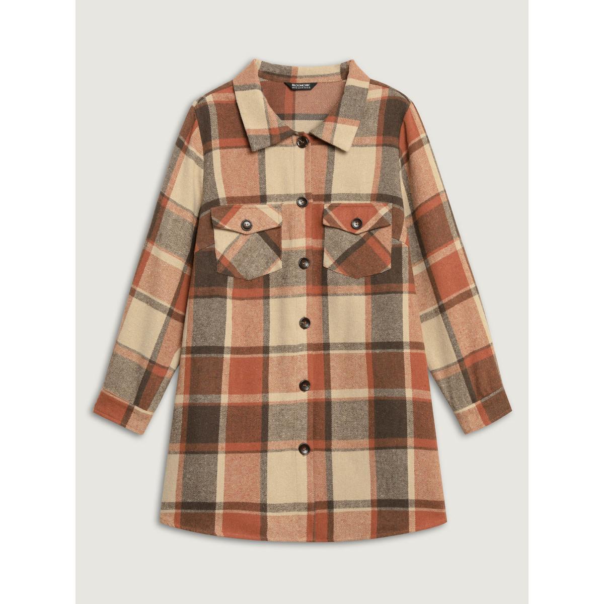 Plus Size Plaid Chest Pockets Long Jacket Women Rust Button Loose Side seam pocket Everyday Jackets BloomChic 12/L Product Image