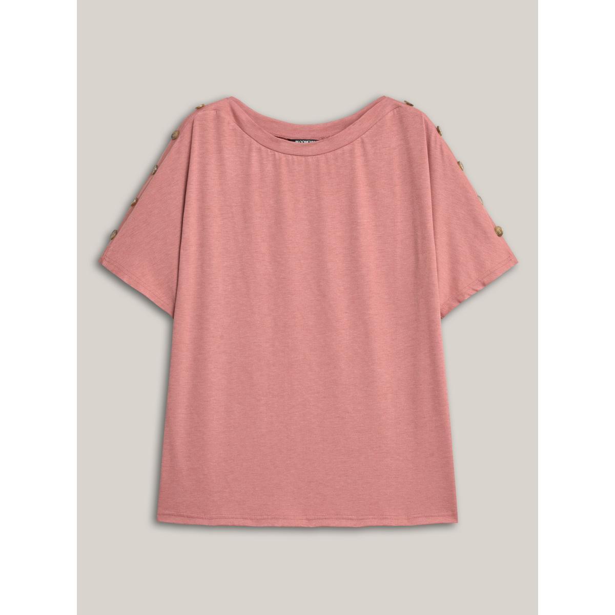 Plus Size Decorative Buttons Half-Sleeve Plain T-Shirt Rouge Women Casual Button Boat Neck Everyday T-shirts BloomChic 18-20/2X Product Image