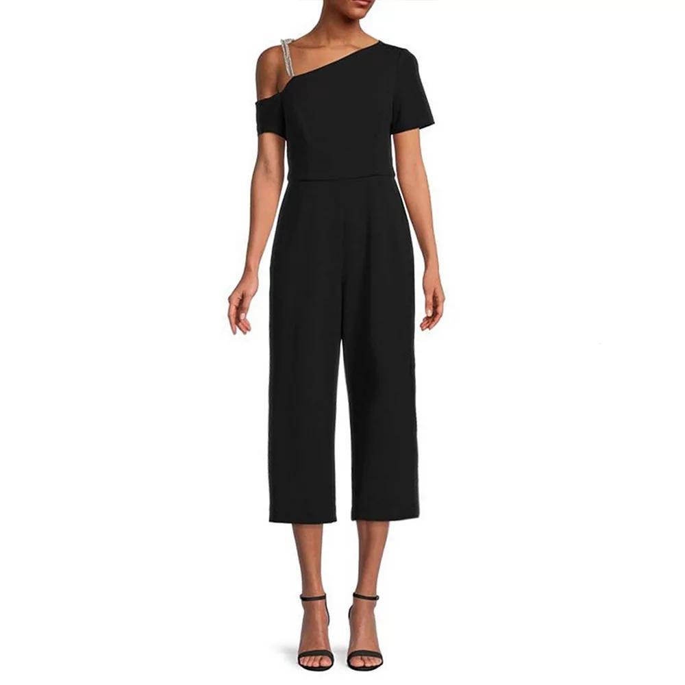 Women's Focus By Shani Asymmetrical Crystal Bow Jumpsuit, Size: 2, Black Product Image
