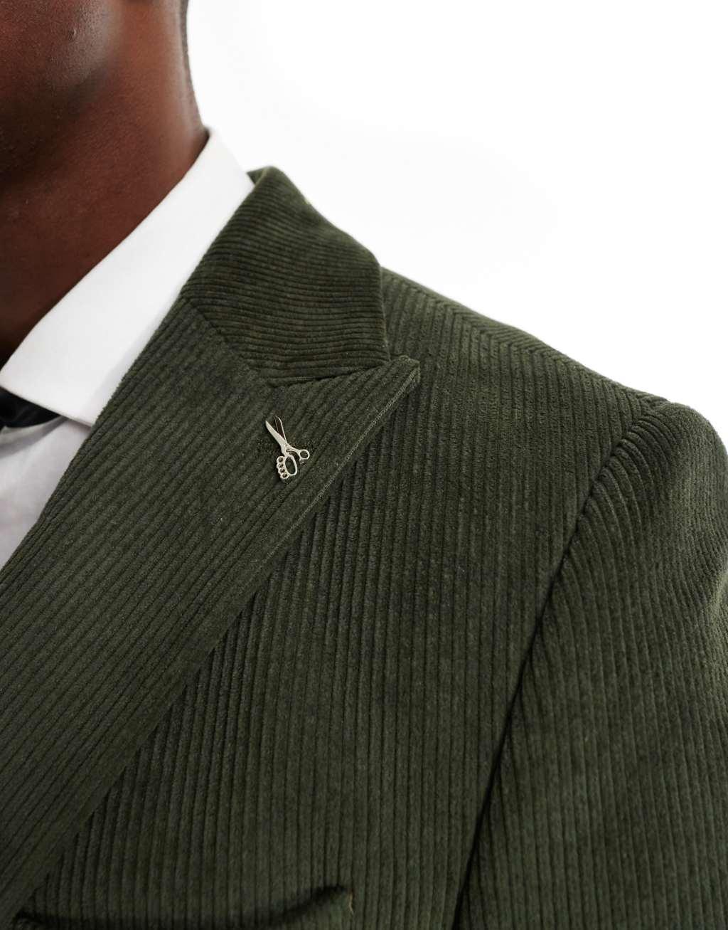 Shelby and Sons cord double breasted slim blazer in khaki - part of a set Product Image