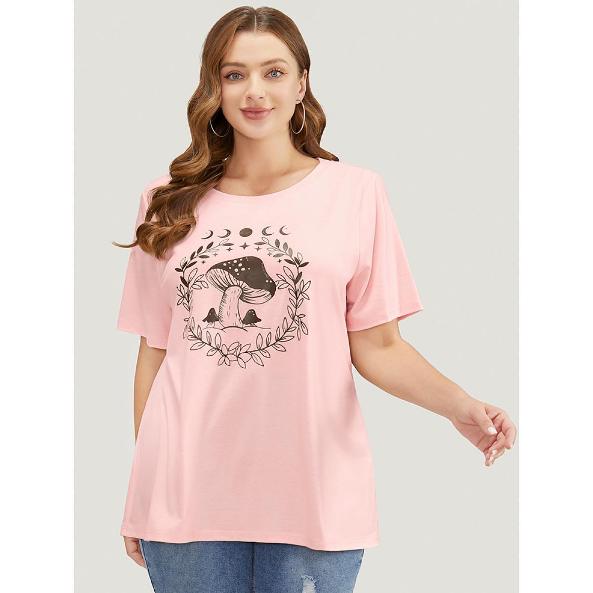 Plus Size Mushroom & Moon Print Short Sleeve Crew Neck T-shirt Apricot Women Casual Natural Flowers Dailywear T-shirts BloomChic 18-20/2X Product Image