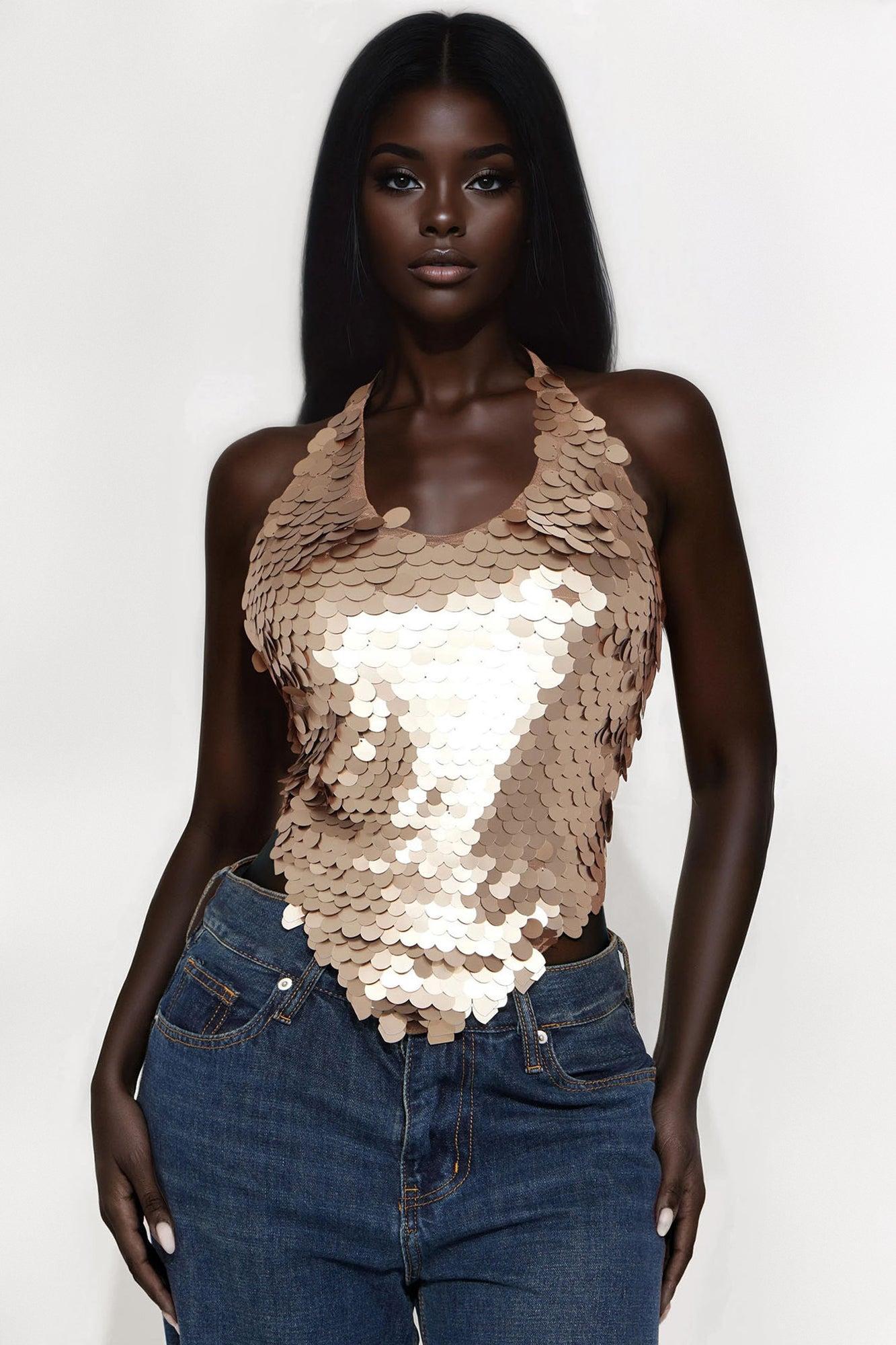 So Dreamy Sequin Halter Top - Brown Product Image