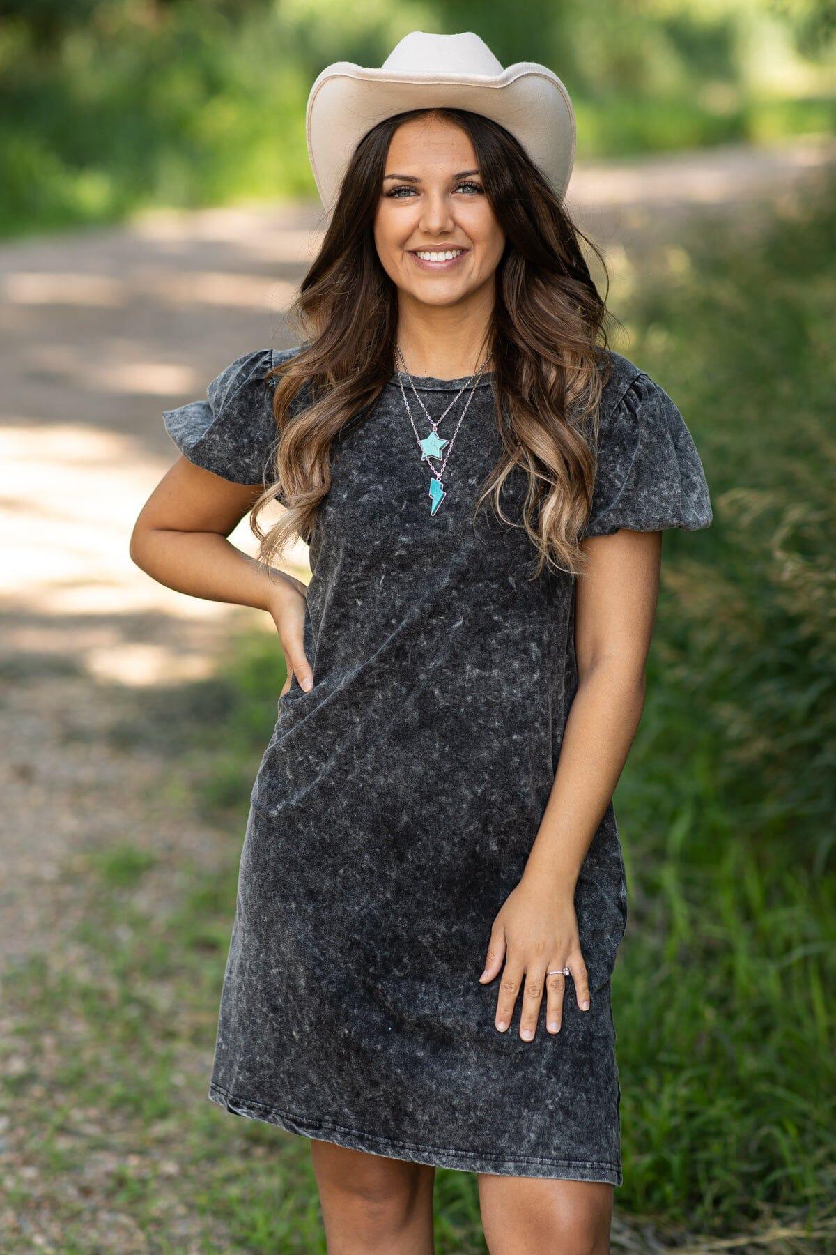 Black Washed Puff Sleeve Dress With Pockets Product Image