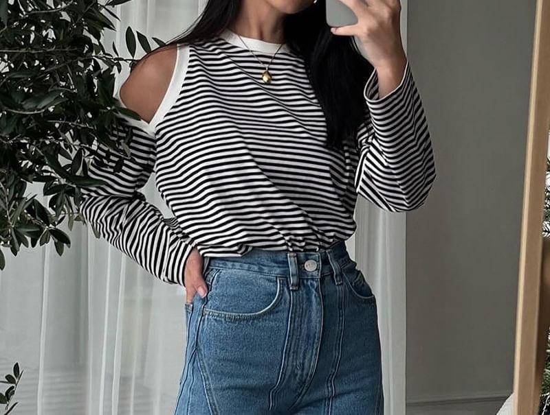 Long-Sleeve Round Neck Cold Shoulder Striped Contrast Trim Tee Product Image