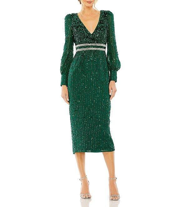 Mac Duggal Sequin V-Neck Long Bishop Sleeve Midi Dress Product Image