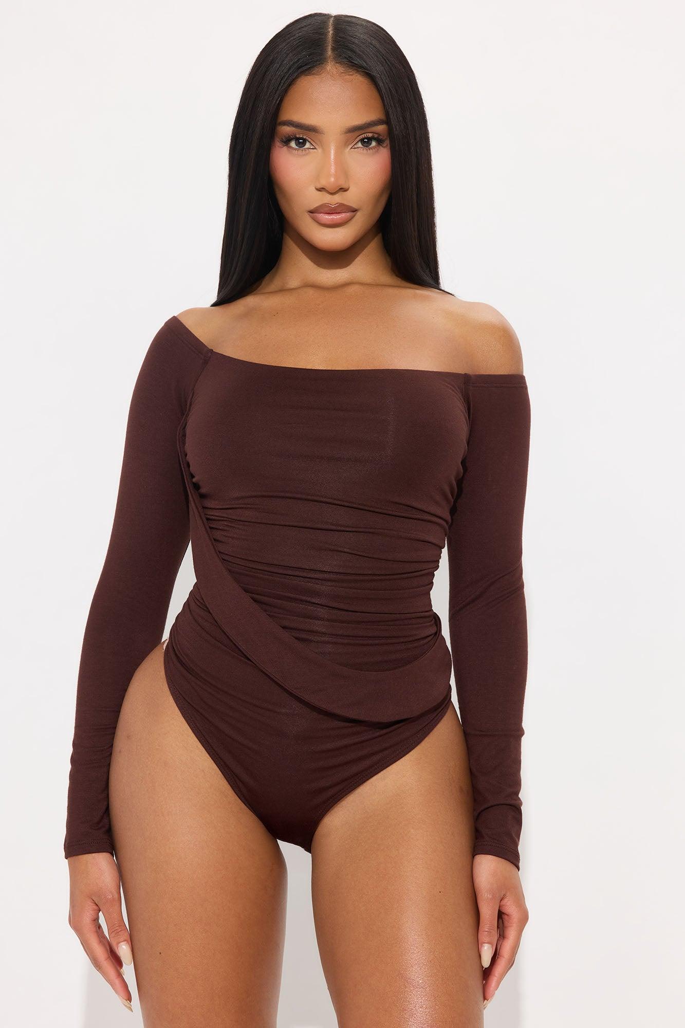 Gilda Off Shoulder Long Sleeve Bodysuit - Brown Product Image