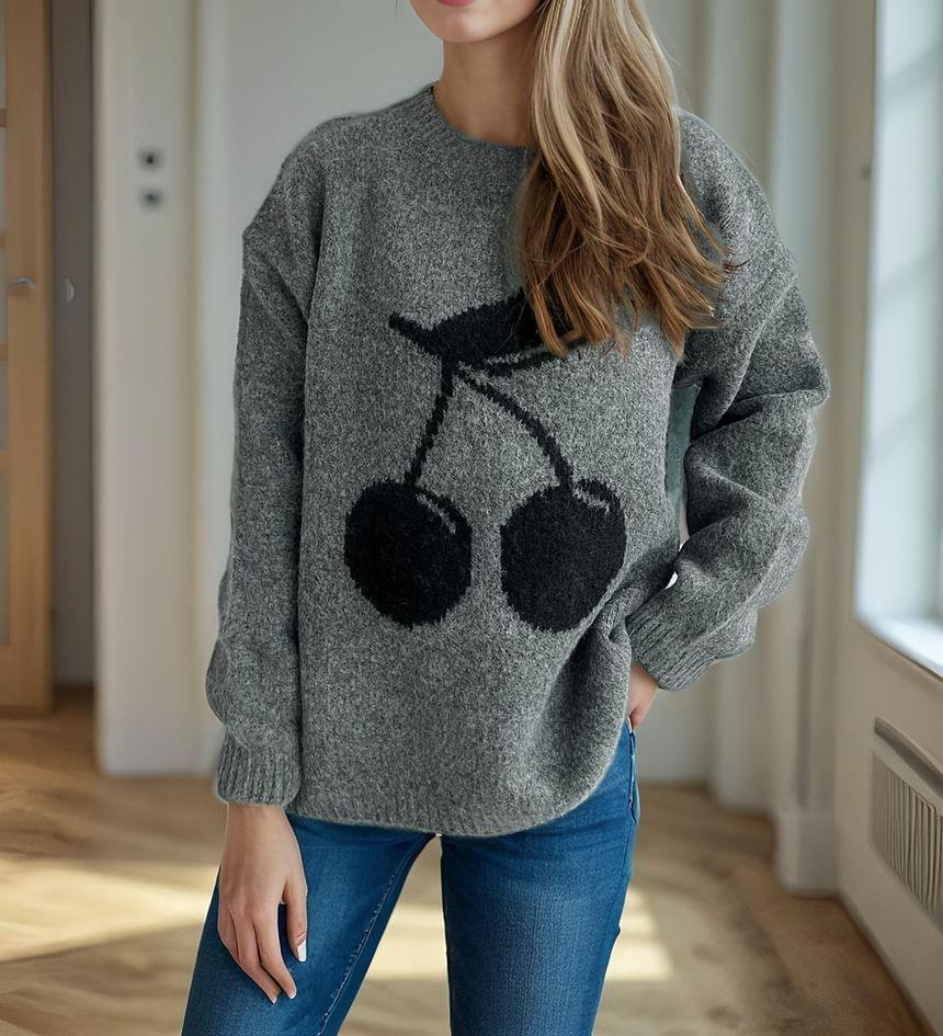 Crew Neck Cherry Print Sweater Product Image