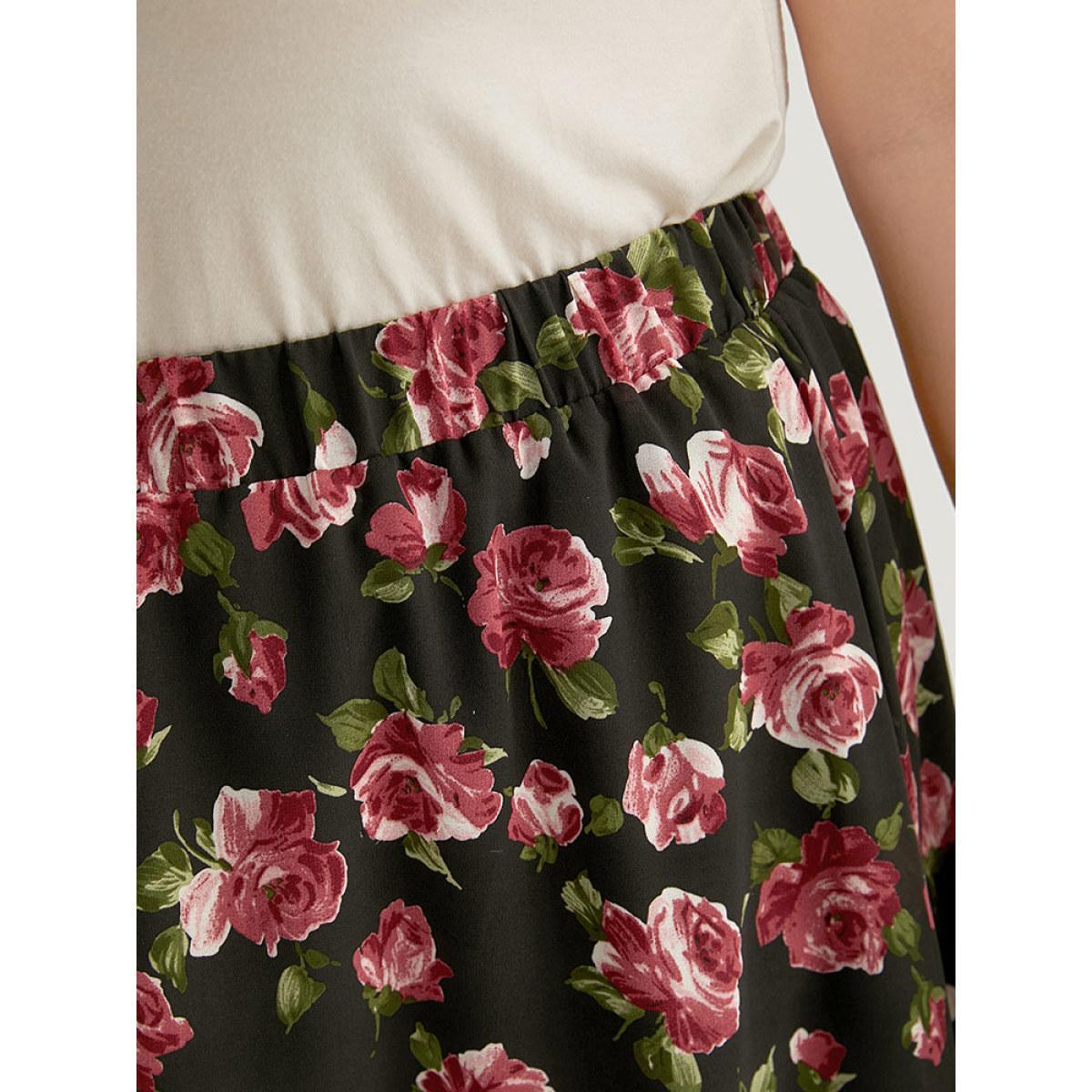 Plus Size Floral Print Mesh Elastic Waist Skirt Women Black Elegant Lined No stretch Dailywear Skirts BloomChic 22-24/3X Product Image