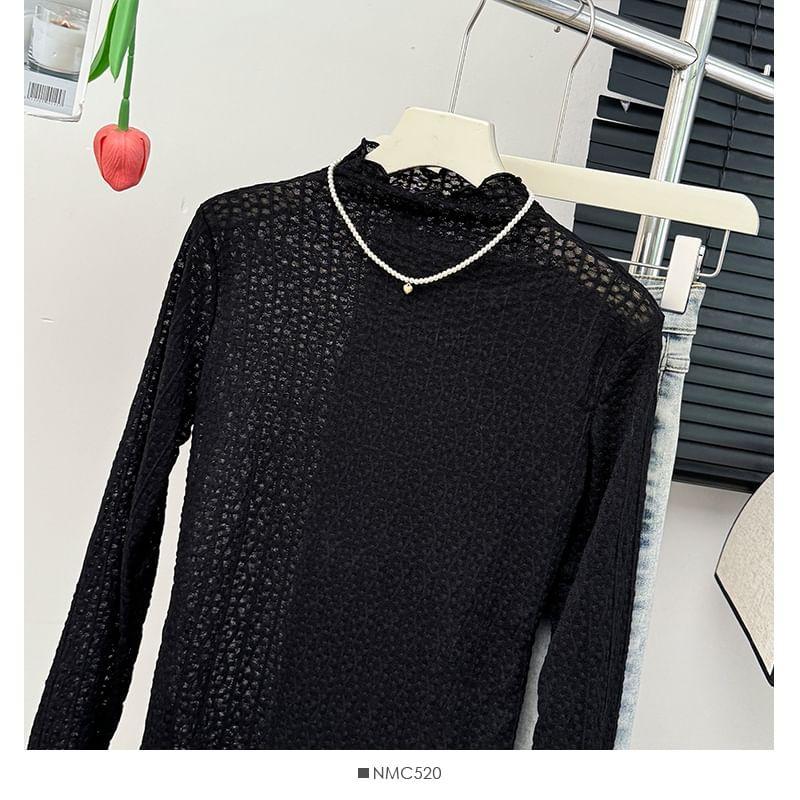 Lettuce-Edge Mock-Neck Lace Top Product Image