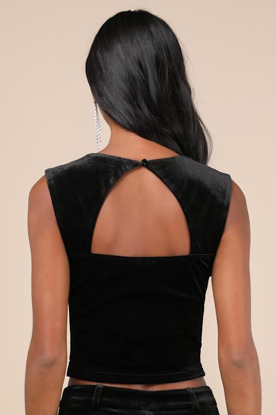 Memorably Flirty Black Velvet Cropped Cutout Sleeveless Top Product Image