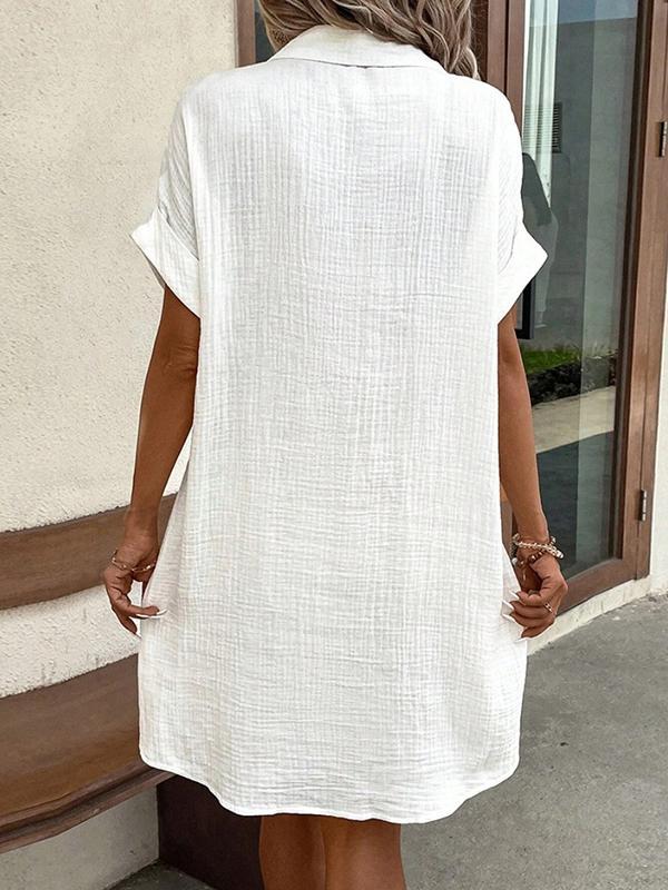 Loose Short Sleeves Pleated Split-Joint Lapel Mini Dresses Shirt Dress Product Image
