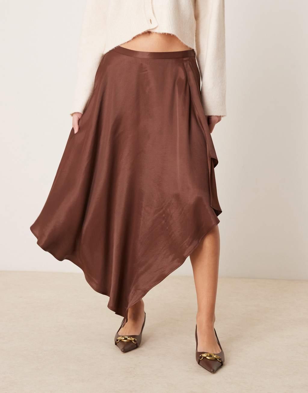 ASOS DESIGN satin asymmetric hem midi skirt in chocolate Product Image