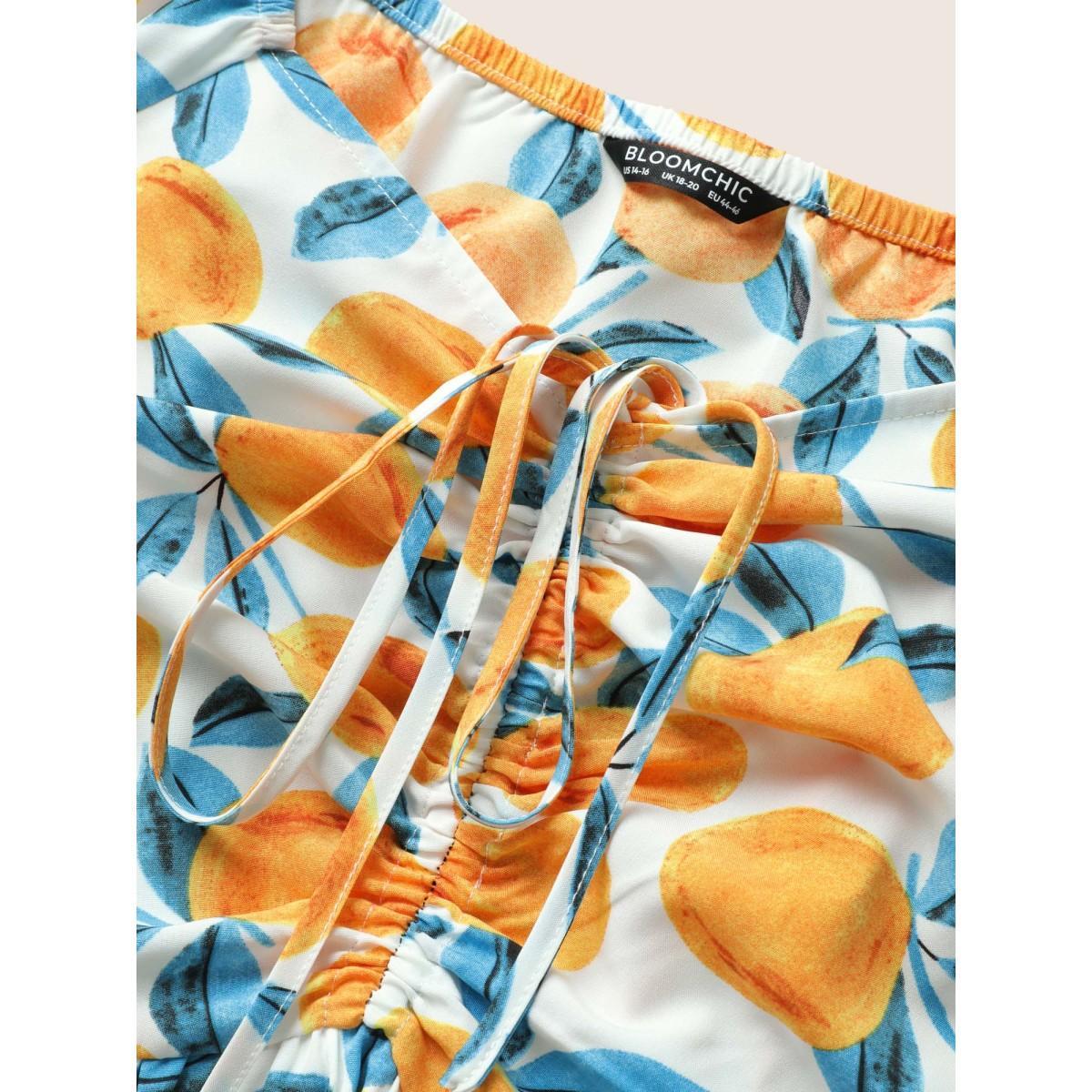 Plus Size Fruits Print Drawstring Ruched Lantern Sleeve Dress Ivory Women Elegant Gathered Tie Neck Short sleeve Curvy Midi Dress BloomChic 18-20/2X Product Image