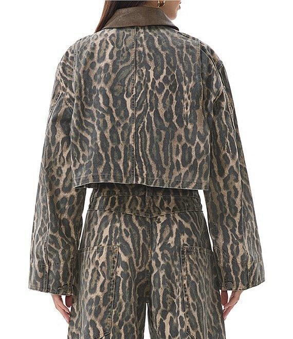 AFRM Wrenley Leopard Print Canvas Contrast Point Collar Long Sleeve Oversize Boxy Crop Jacket Product Image