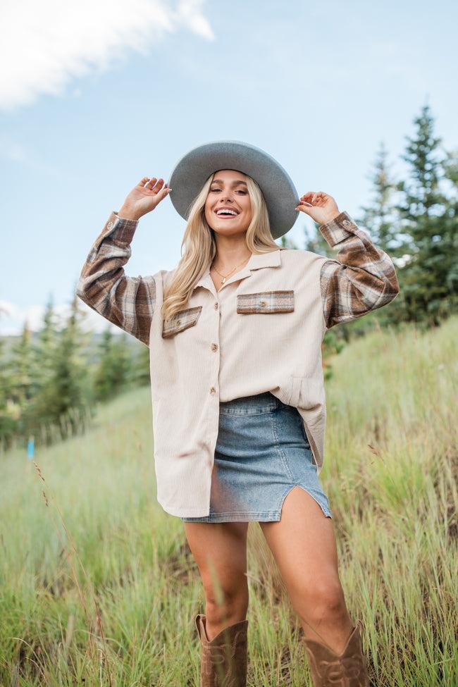 Talking My Language Beige and Brown Plaid Sleeve Shacket FINAL SALE Product Image