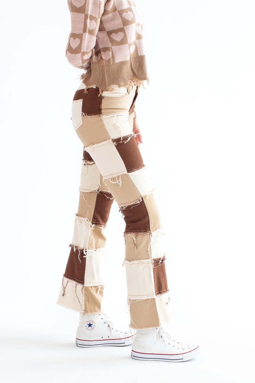 Brown Patchwork Flare Jeans Product Image