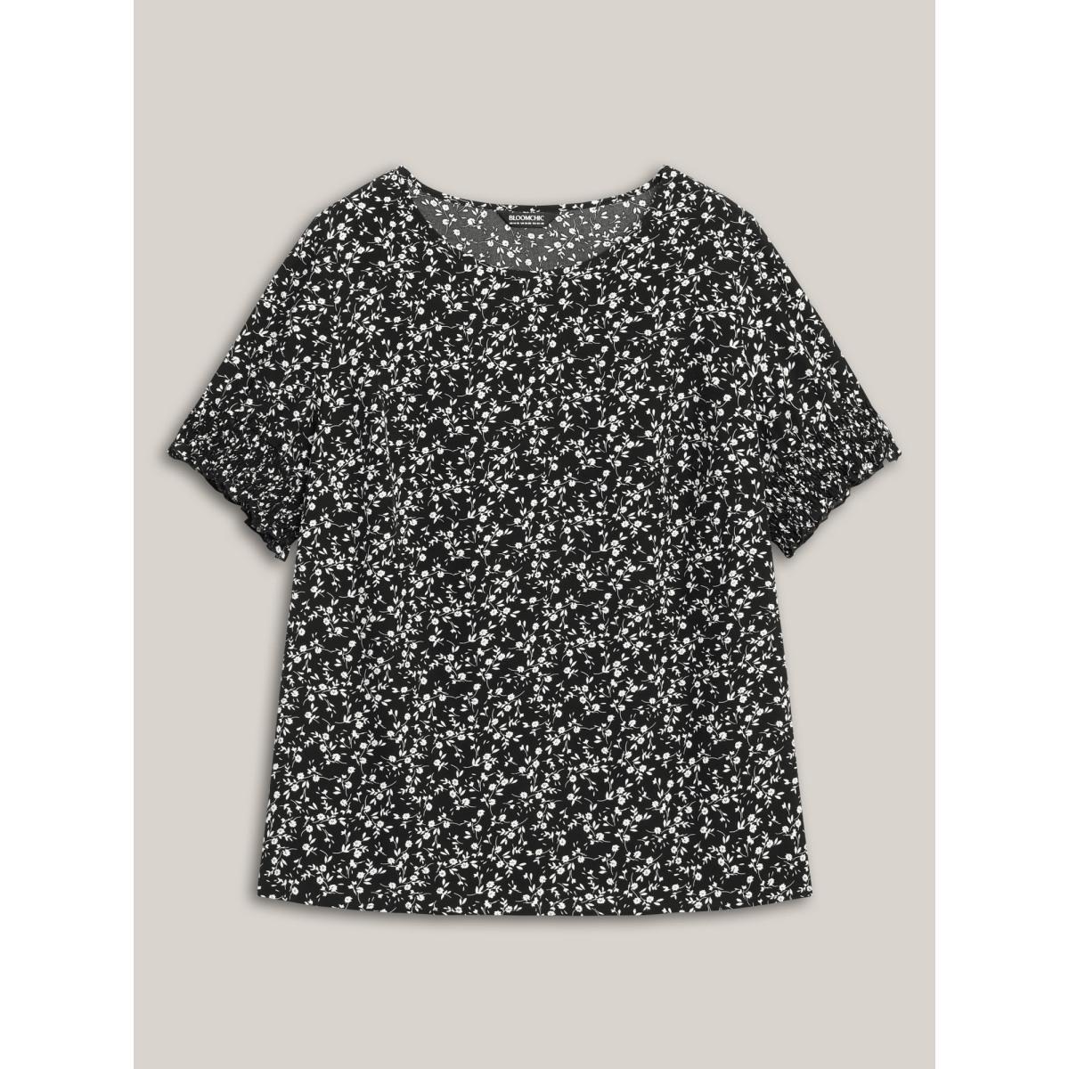 Plus Size Black Ditsy Floral Print Curvy Hem Blouse Women Elegant Elbow-length sleeve Round Neck Everyday Blouses BloomChic 12/L Product Image
