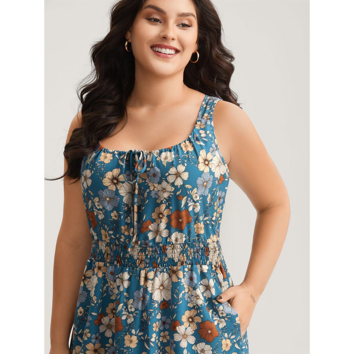 Plus Size Floral Print Shirred Waist Midi Dress Mediumblue Women Square Neck Sleeveless Curvy BloomChic 14-16/1X Product Image