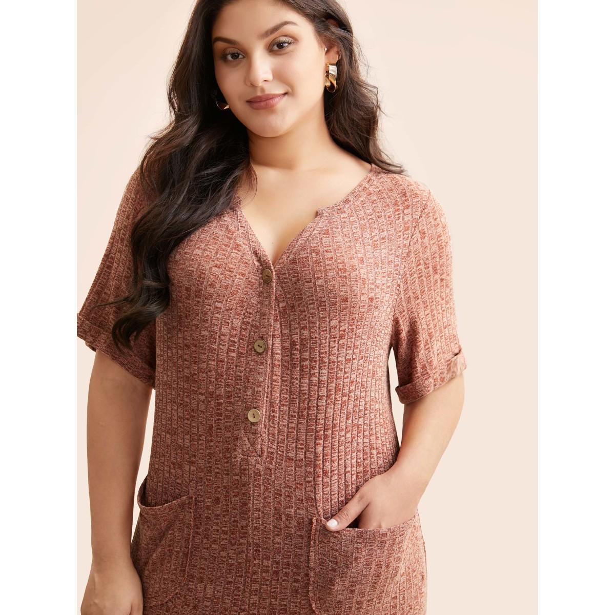 Plus Size Burgundy Texture Button Up Patch Pocket Jumpsuit Women Casual Half Sleeve Flat collar with V-notch Everyday Loose Jumpsuits BloomChic 30/6X Product Image