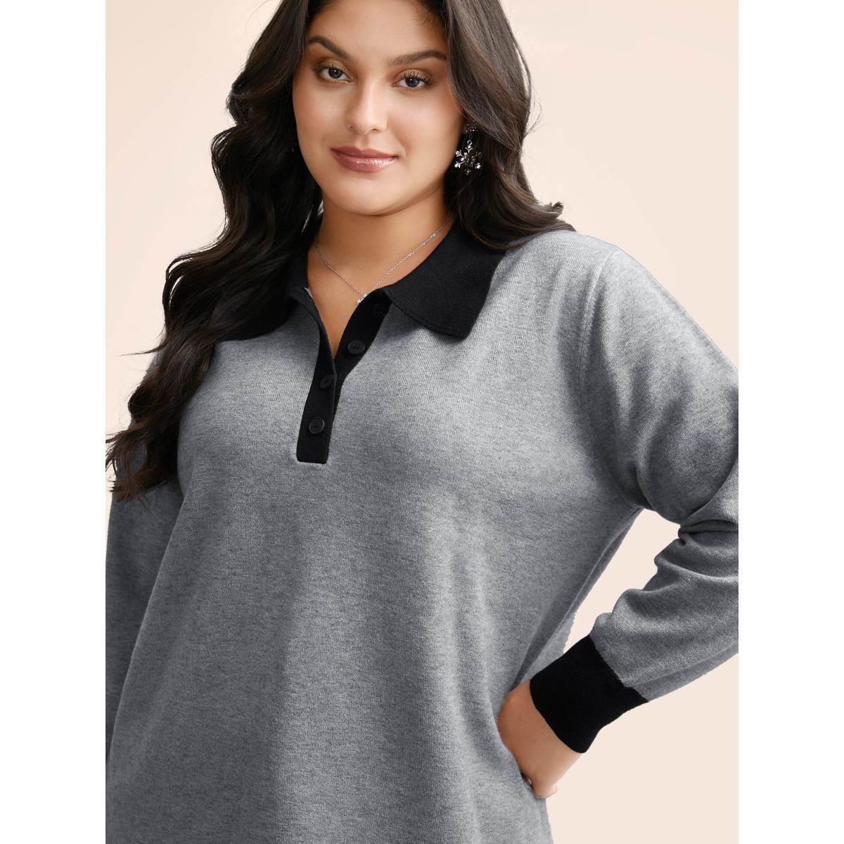 Plus Size Supersoft Essentials Contrast Polo Neck Button Up Pullover Mediumgray Women Casual Loose Long Sleeve Polo Everyday Pullovers BloomChic 18-20/2X Product Image