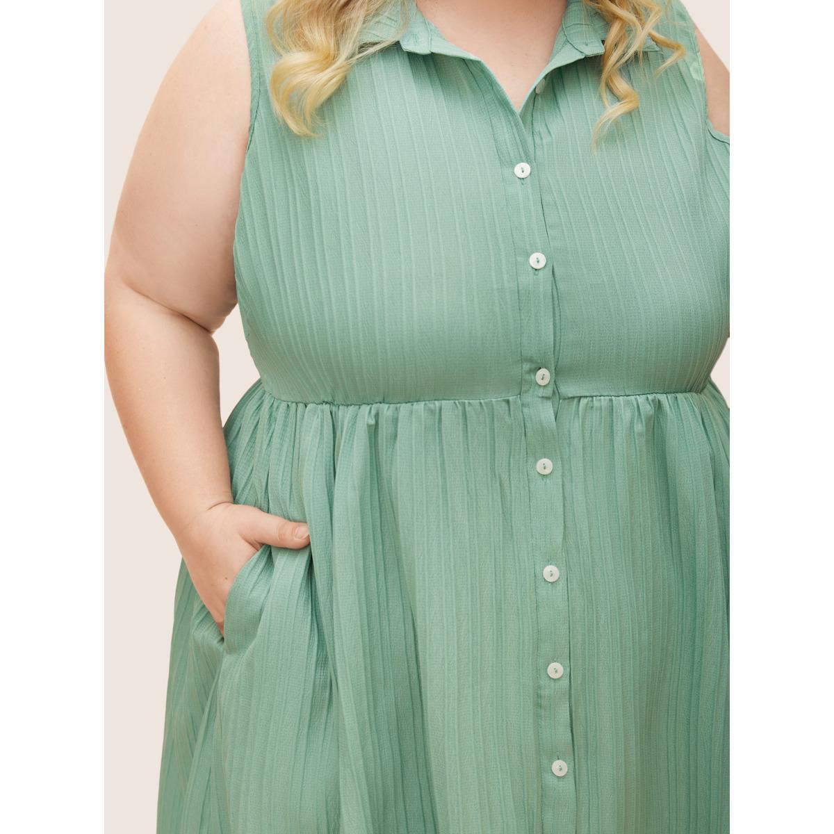 Plus Size Solid Shirt Collar Ruffle Pocket High Low Hem Button Up Dress Mint Women At the Office Non Polo Sleeveless Curvy Midi Dress BloomChic 22-24/3X Product Image