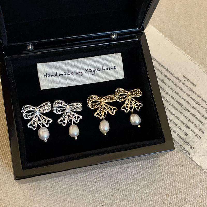 925 Sterling Silver Bow Faux Pearl Drop Earring Product Image