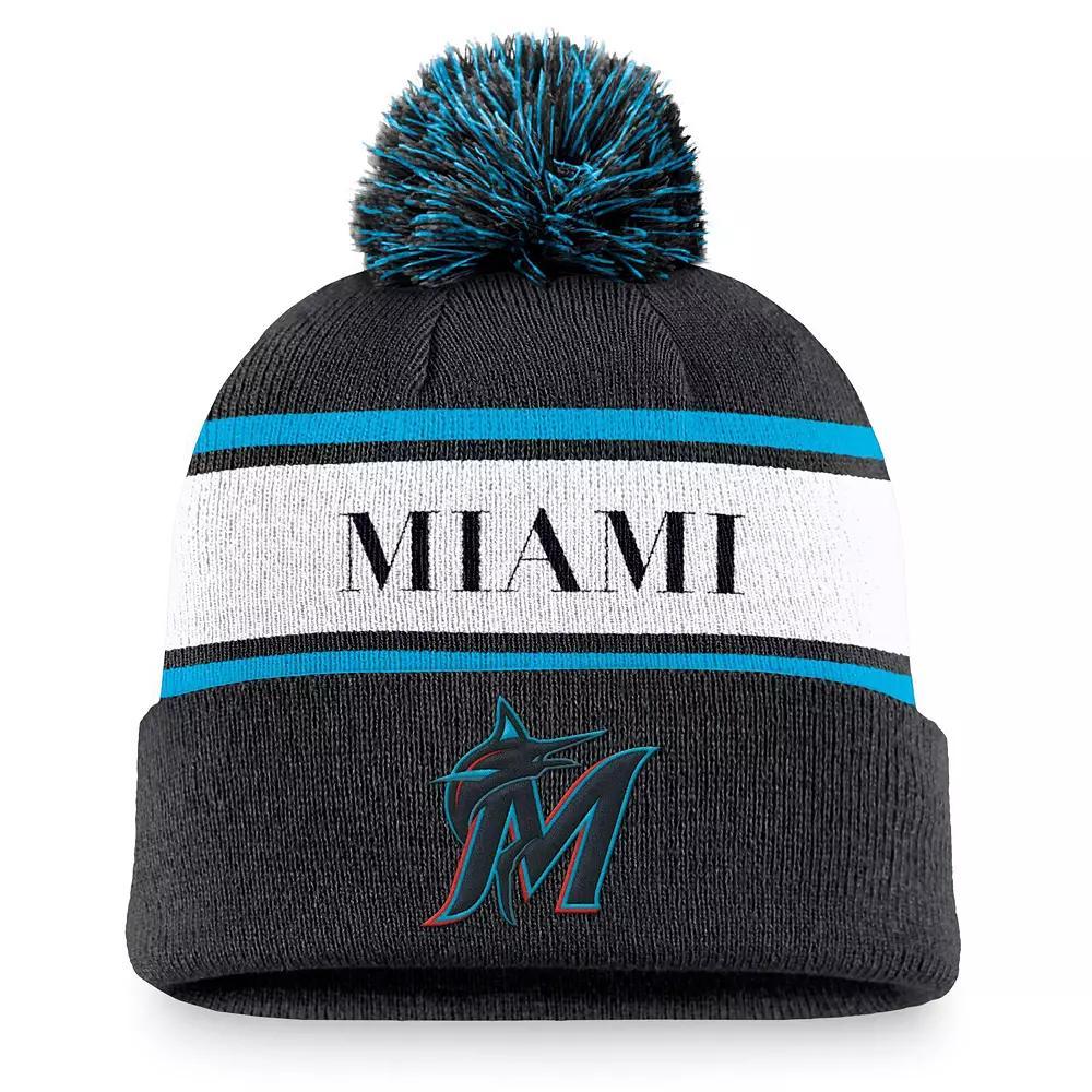 Men's Nike Black Miami Marlins Team Stripe Peak Cuffed Knit Hat with Pom Product Image
