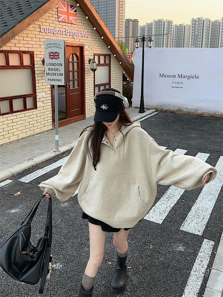 Plain Snap Button Knit Hoodie Product Image