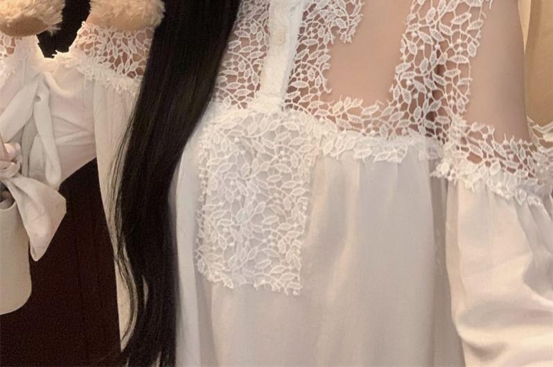 Long Sleeve Cold Shoulder Band Collar Lace Trimmed Mini Shift Dress Product Image