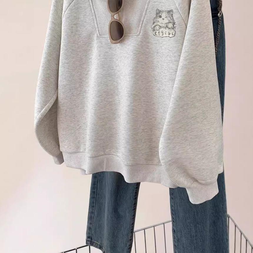 Stand Collar Cat Print Half-Zip Sweatshirt Product Image
