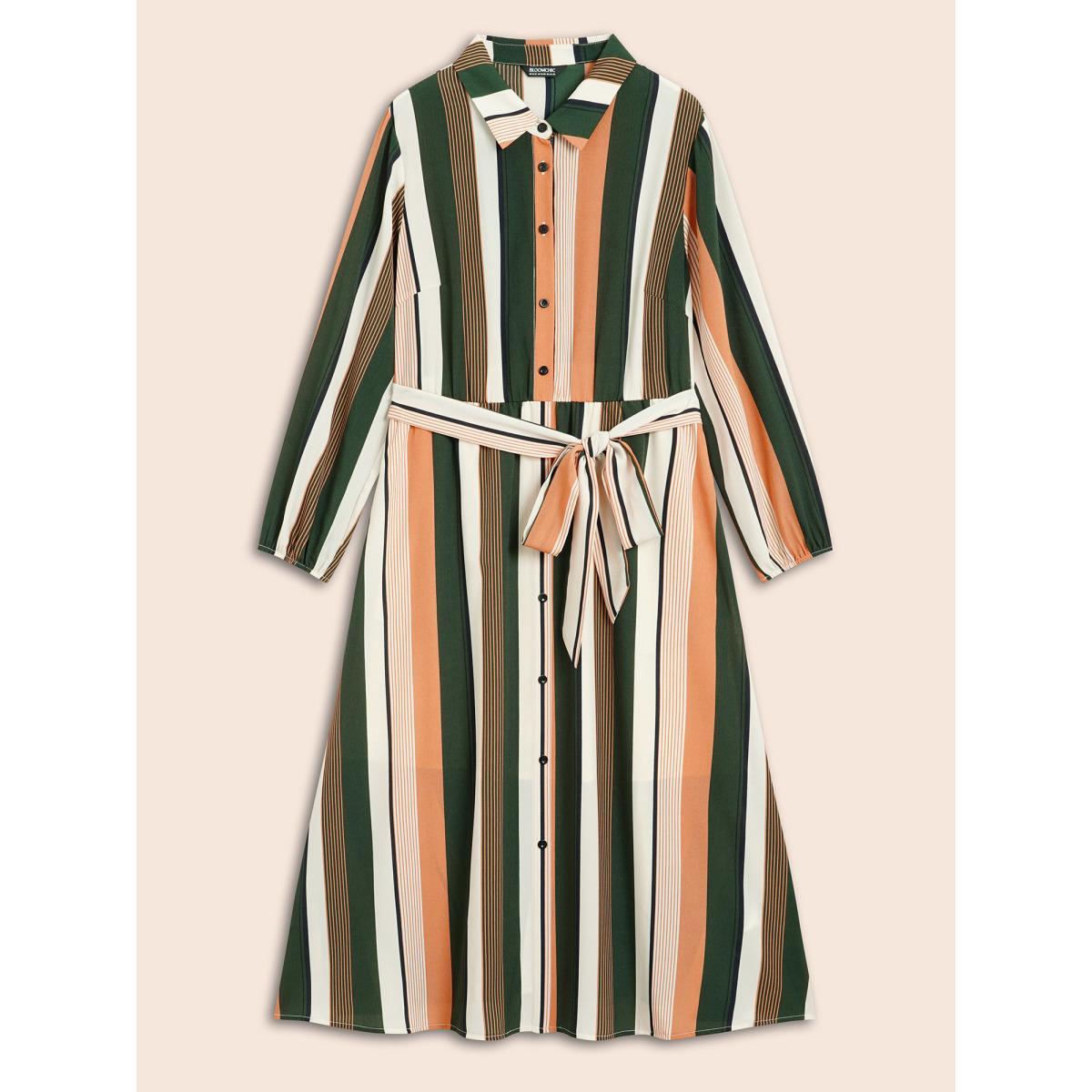 Plus Size Contrast Striped Belted Midi Dress Multicolor Women At the Office Belted Shirt collar Long Sleeve Curvy BloomChic 26/4X Product Image