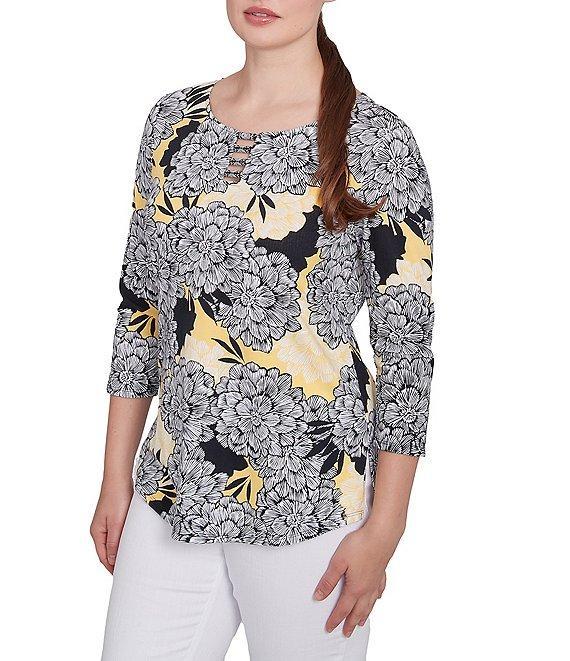 Ruby Rd. Abstract Floral Dahlia Knit Crew Neck 3/4 Sleeve Top Product Image