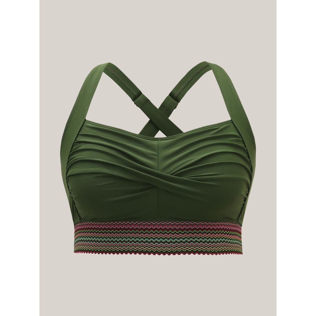 Plus Size Twist Front Patchwork Woven Ribbon Swim Top Women's Swimwear ArmyGreen Beach Woven ribbon&lace trim High stretch Skinny Heart neckline Curve Swim Tops BloomChic 18-20/2X Product Image